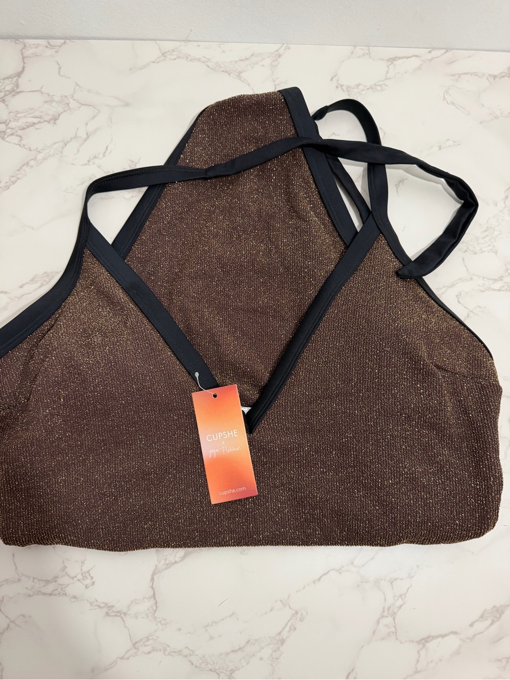 NWT Cupshe Shimmery Glitter Espresso One-Piece Swimsuit with Black Trim - XL - Picture 10 of 10